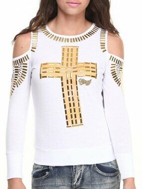 COOGI Studded Gold Cross Tee White Cold Shoulder Sweatshirt Top NWT
